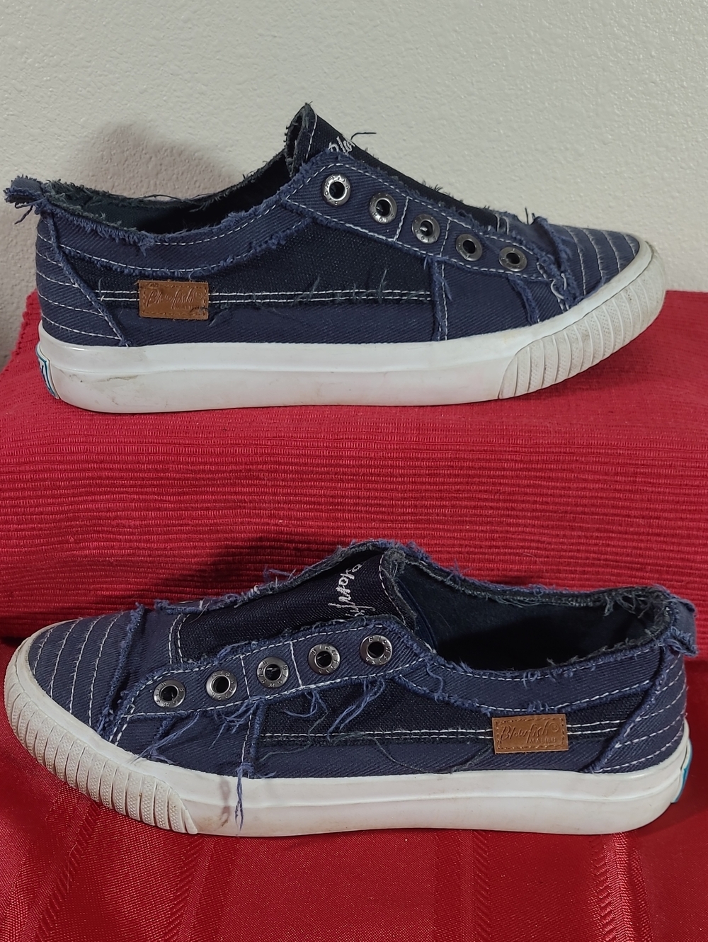 Distressed Navy Blowfish Malibu Play Canvas Slip-On Flats with Eyelet Detail